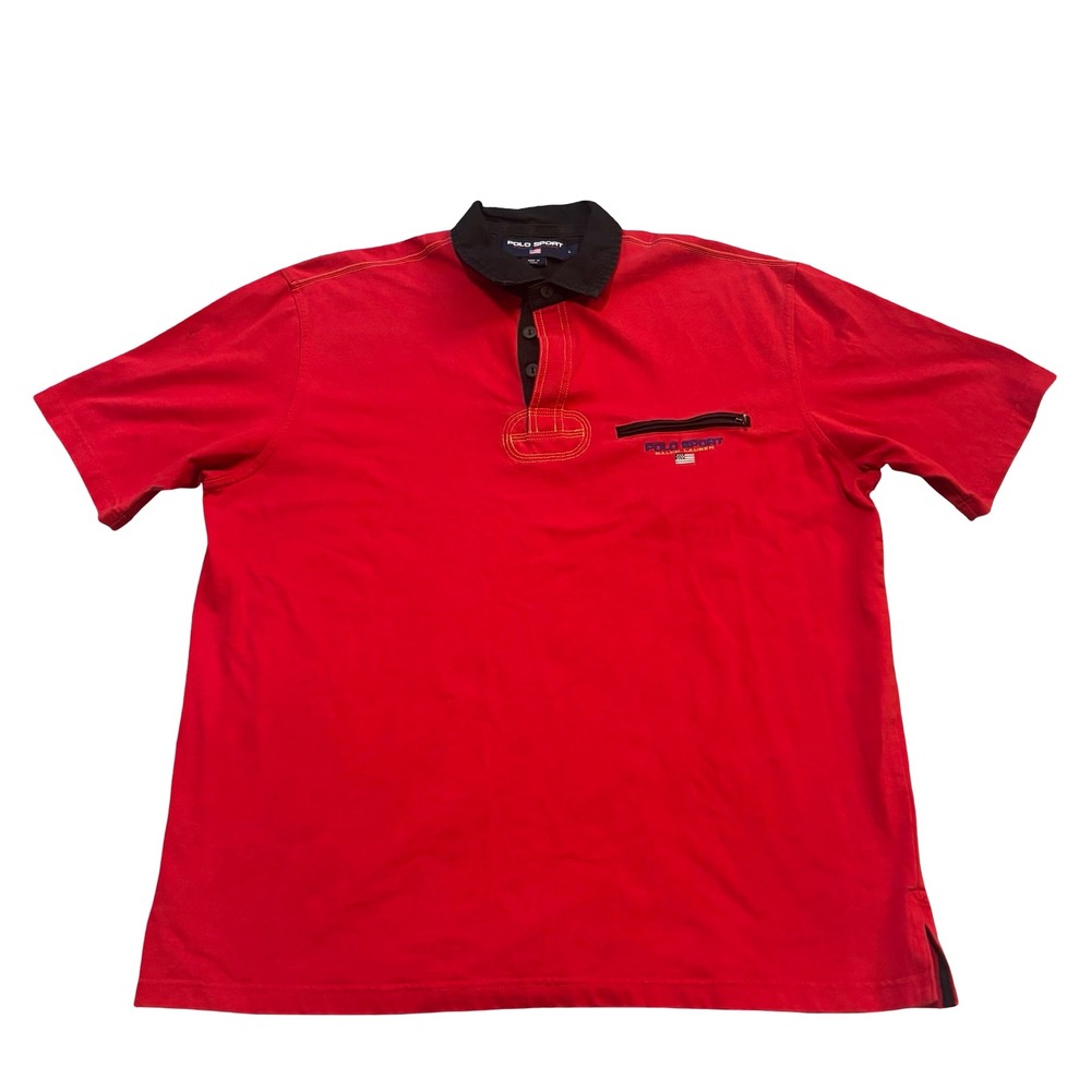 Polo Sport Ralph Lauren Mens Large Red Black Zipper Pocket Polo Shirt Vintage L